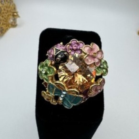 Aldo Flower Ladybug Butterfly Orange Center Stone Cluster Ring Size 6.5 Enamel - Picture 2 of 10